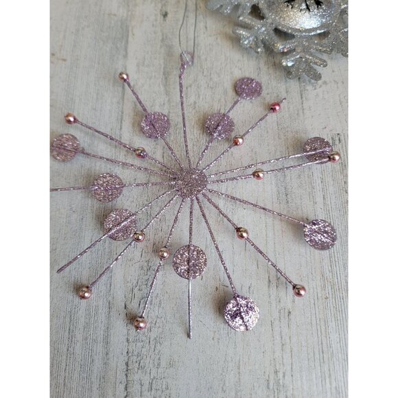 Glitter pink silver snowflake ornament Xmas set - Picture 3 of 8